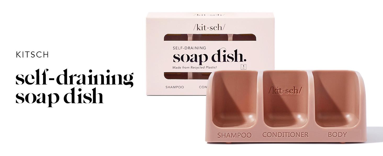 Kitsch Self-Draining Soap Dish – Recycled Plastic Holder for Shampoo, Conditioner, and Body Wash Bars, Holds 3 Bars with Removable Suction Cups