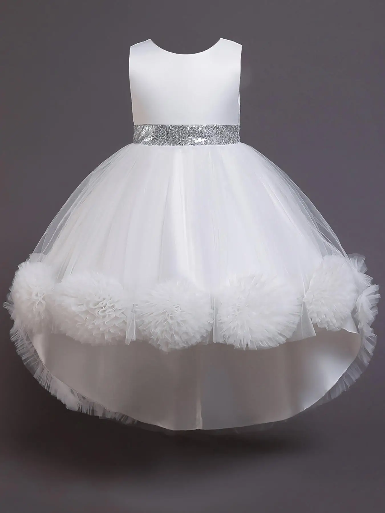 Girl's Flower Decor Contrast Sequin Bow Back High Low Tulle Dress, Elegant Frill Trim Sleeveless Tutu Dress for Party Performance Wedding Guest, Kids