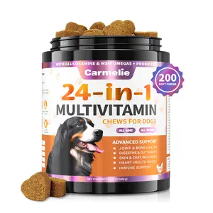 Carmelie 24-in-1 Dog Multivitamin Bites – Soft Chew Supplement with Glucosamine, Omega-3 & Probiotics for Hip & Joint, Skin, Immune & Digestive Health – Chicken Flavor, 200 Chews