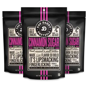 Pop Daddy Flavored Pretzels Sticks | Healthy Gourmet Pretzels Snacks | 7.5oz Individual Bags | 3 Pack | Cinnamon Sugar