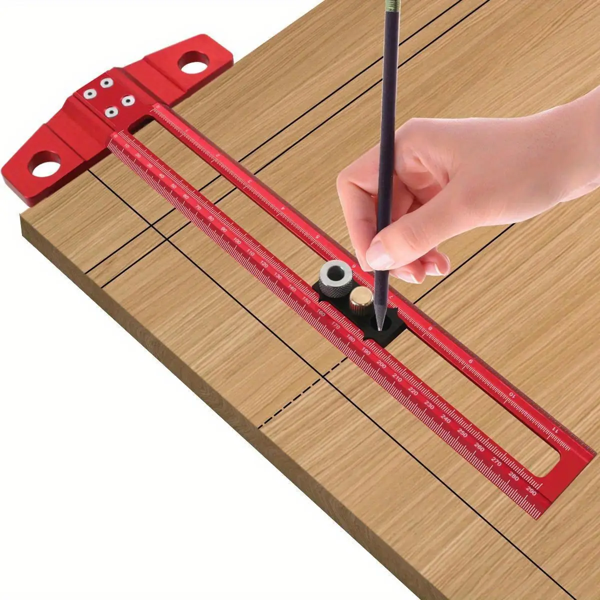 Aluminum Alloy Drilling Positioning & Marking Ruler, Measuring Ruler, Woodworking Tool, Multifunctional Fixture with 6-10mm Drill Sleeve, Movable Block Included, Scale