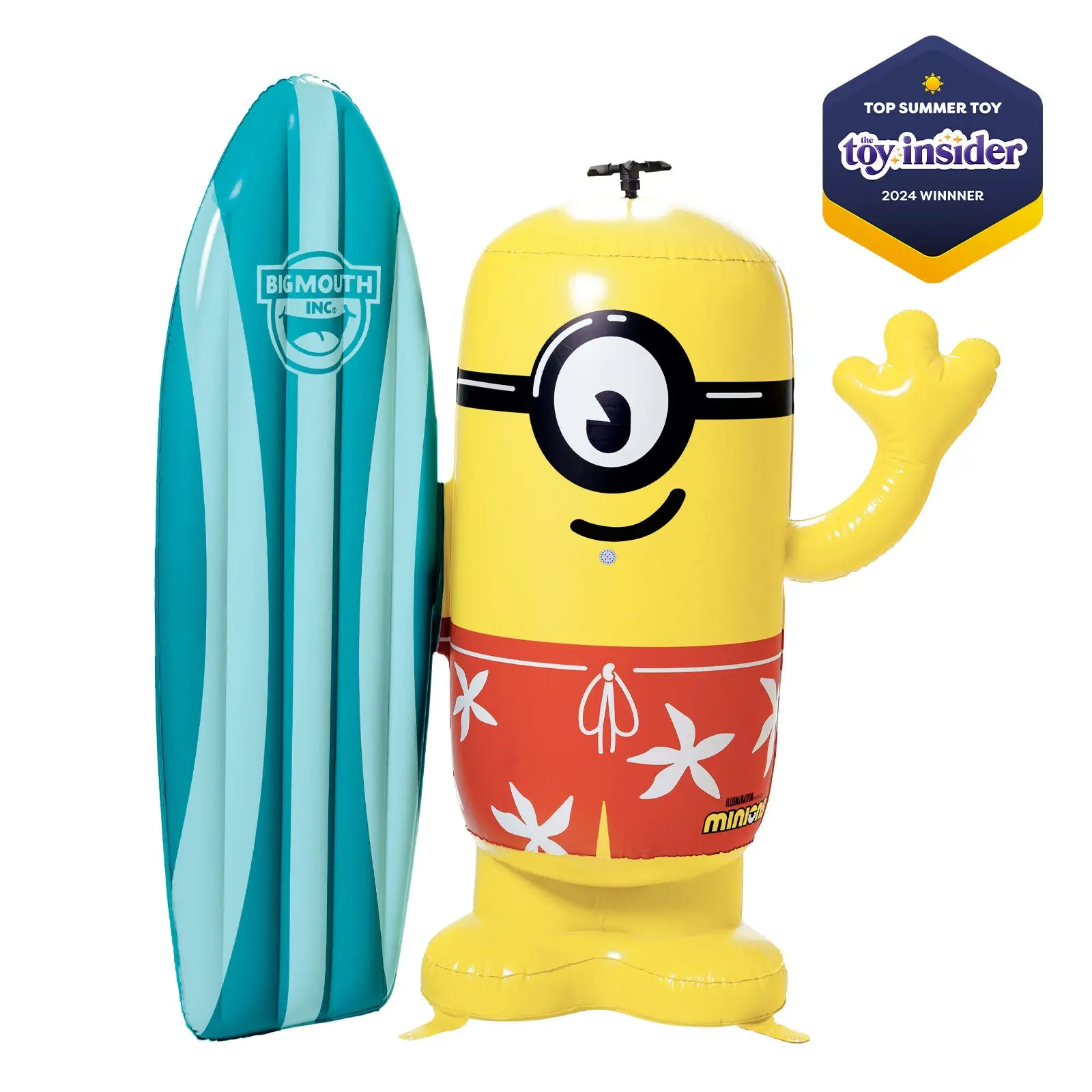 BigMouth Minion Surfboard Inflatable Water Sprinkler - Kids' Backyard Summer Outdoor Toy, 2 Spray Zones, 360-Degree Top Spray, Garden Hose Compatible