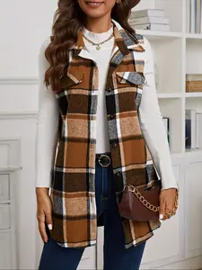 YYTK2025DEC020  Ladies' fashion checkered sleeveless coat, with lapel, buttons, long casual style, suitable for family outings, camping coat with pockets,Chaleco a cuadros de moda para mujer，sin mangas，con solapa, con botones, chaqueta larga, casual