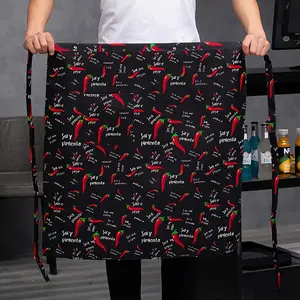Professional Heavy-Duty Polyester Chili Pepper Pattern Chef Apron - Half-Body Cut, Waist Belt, Adjustable Coverage, Commercial Kitchen Workwear for Chefs RR1563535 Black