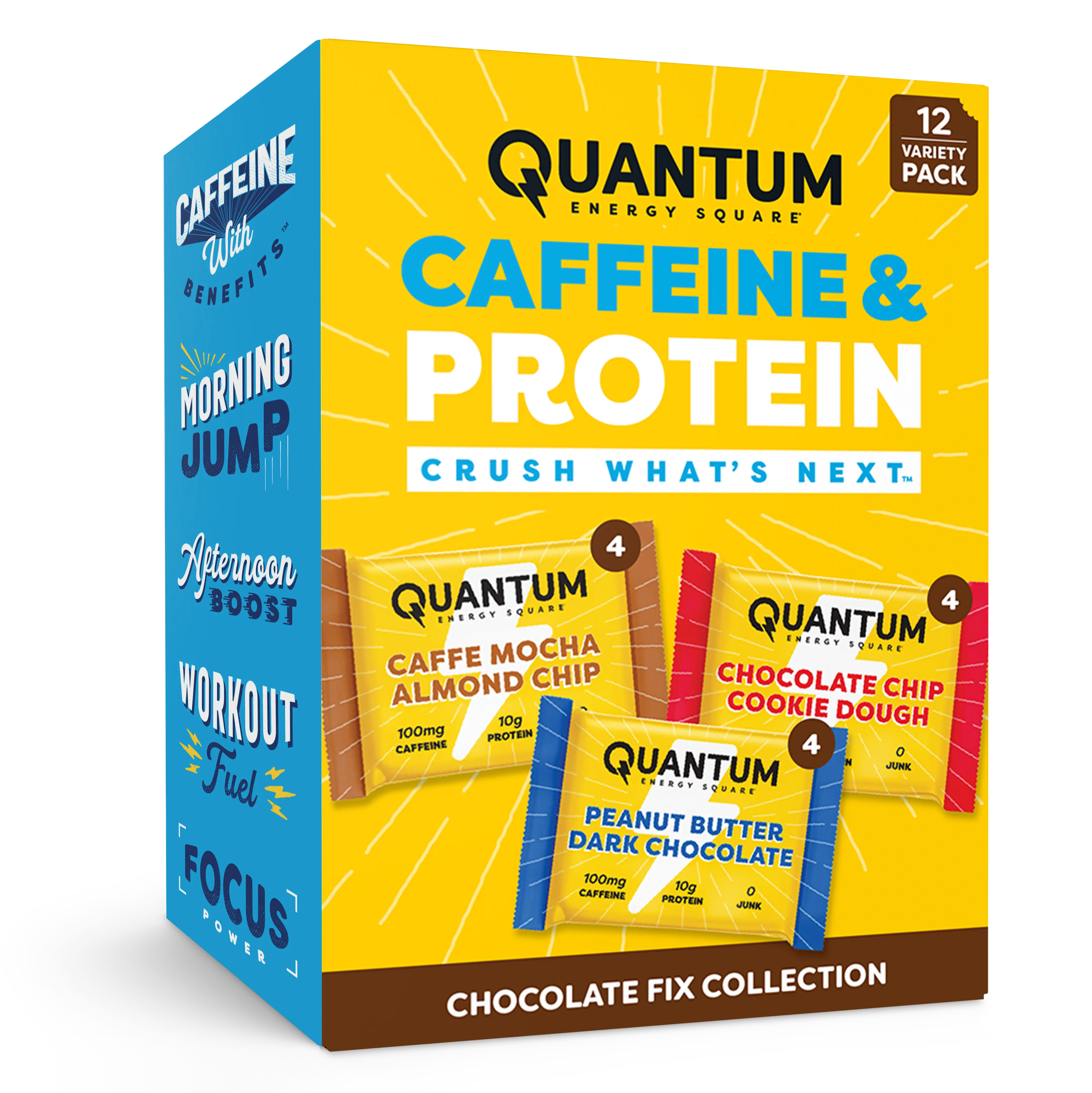 Quantum Energy Square Healthy Protein Energy Bars Chocolate Fix Variety 12-Pack -Organic Caffeine with Balanced Macronutrients, 10g Plant-Based Protein, Vegan, Gluten-Free, Non-GMO