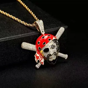 Iced Out Pirate Skull Bandana Cross Baseball Bats Pendant Necklace for Bold Statement Jewelry customizable with engraved letters, logos or patterns Complimentary shipping