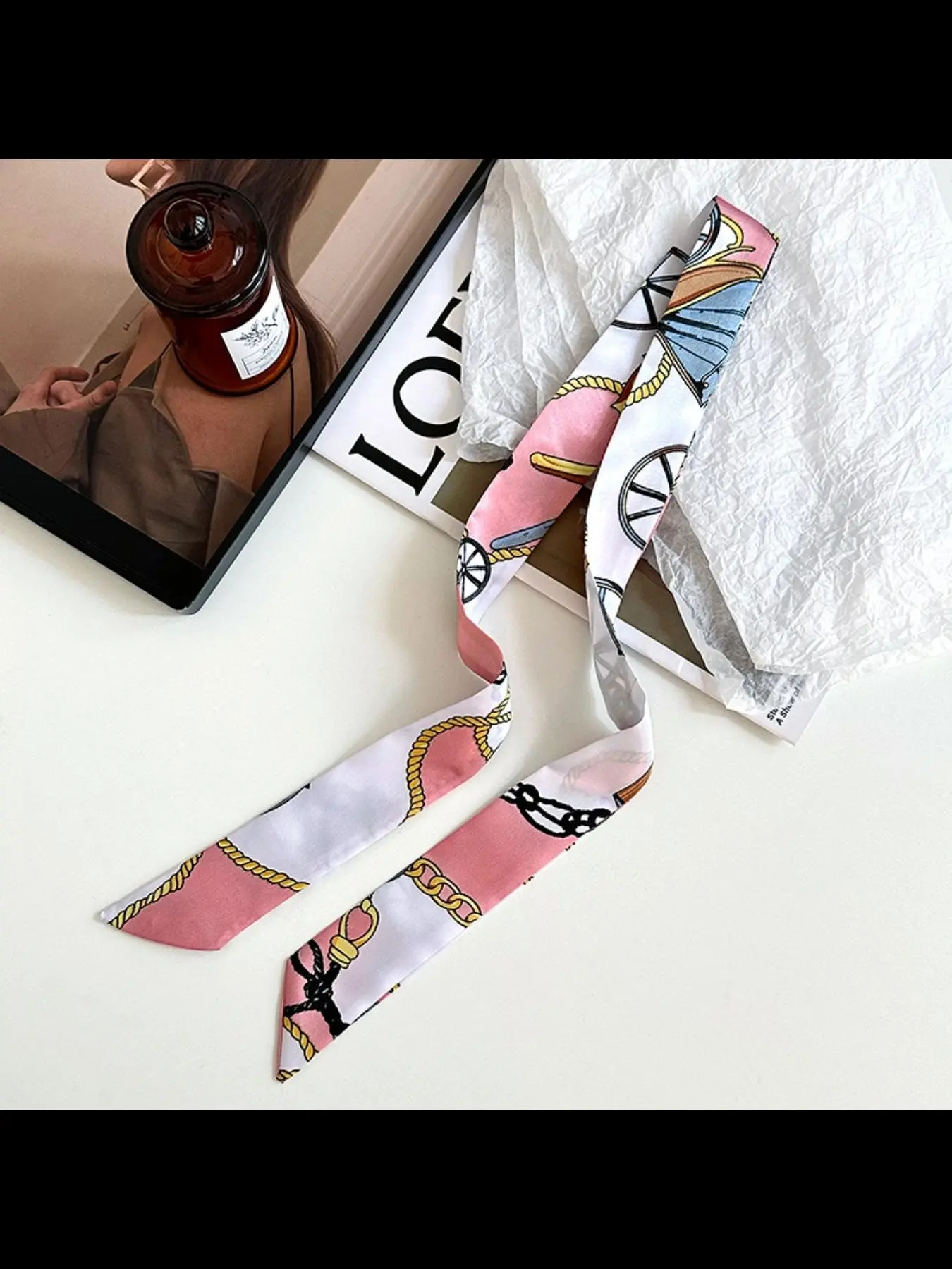 Long scarf Korean-style high-end fashion decorative small neckerchief women's silk scarf bag wrap multi-purpose headscarf hairband belt Backpack Accessories Korean Style Shawl Summer Scarf