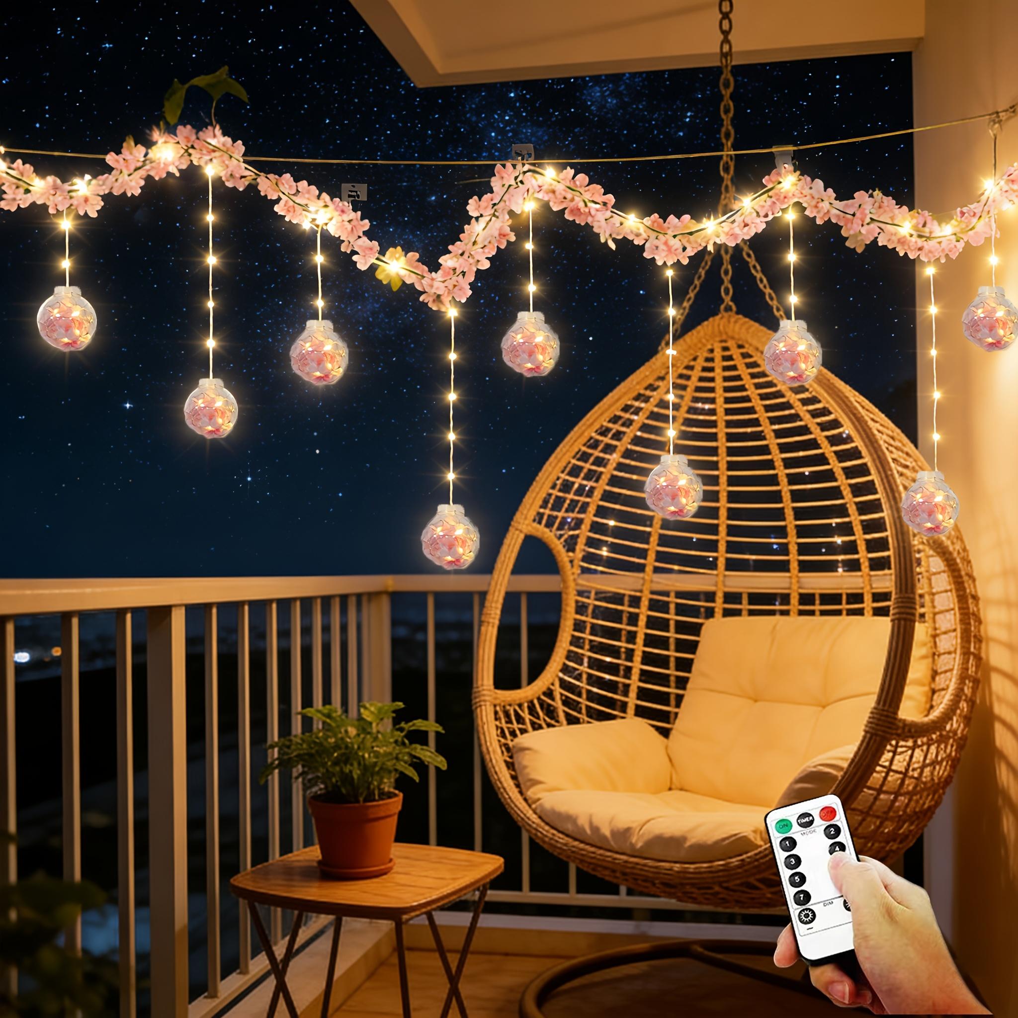 Cherry Blossom and Wisteria Wish Ball String Lights, 118 inches long, USB-powered, comes with a remote control, features 8 lighting modes, and includes 108 LED bulbs and 10 round bulbs. Perfect for Mother’s Day and indoor holiday decorations.