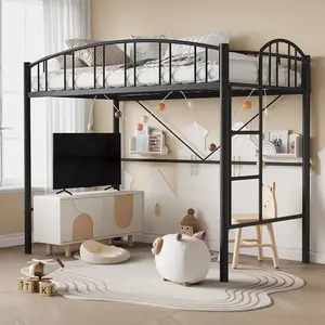 Twin Size Heavy-Duty Metal Bedroom Bedframe - Loft Bed with Arched Guardrail, Safety Ladder, 15" High Matte Black Metal Bed Frames, Anti-Tip Wall Brackets, Noise-Free Slat Clips