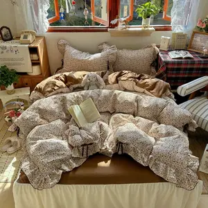 New 3pc Mibai flower bow duvet cover set, Bedroom bedding set (1PC duvet cover+2PC pillowcase) soft and skin-friendly, small fresh countryside style, breathable, lotus leaf edge technology, washable