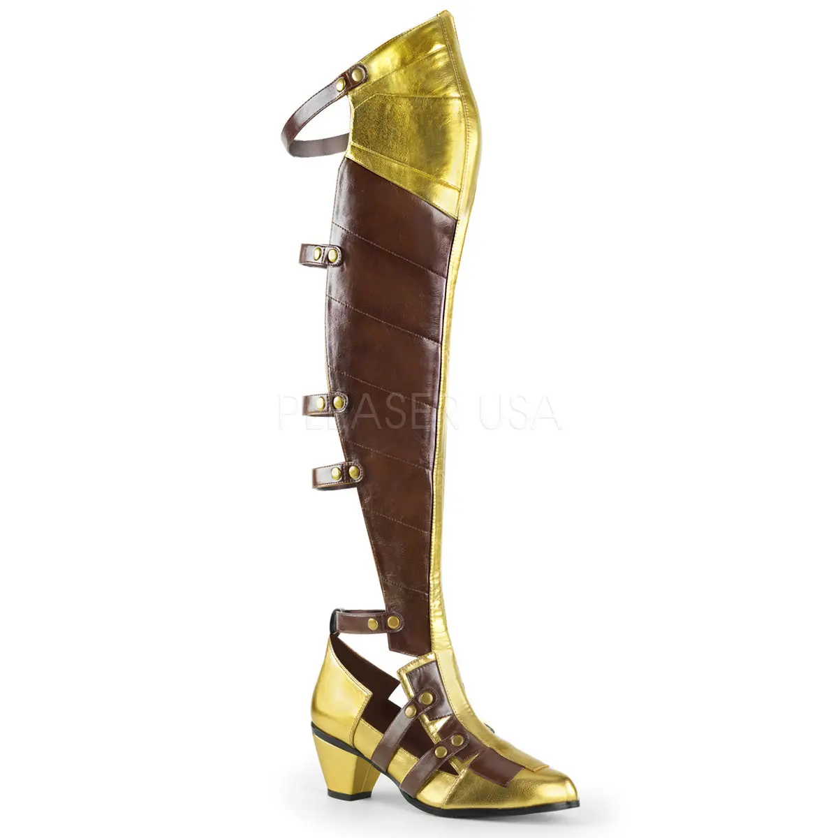 Women's Over-Knee Block Heel Boot - MAIDEN-8830, Brown-Gold, 2.5 in (2 to 4.5 cm) Heel, Hook Closure, All Seasons, Fully Open Back