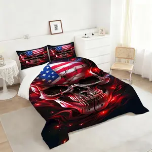Dark Fantasy Skull Comforter Set, Bold American Flag Design Bedding Set, Fiery Red & Black Decorative Comforter, Perfect for a Unique and Edgy Bedroom Makeover, Includes 1 quilt, with 1 or 2 Pillowcase No Pillow Core
