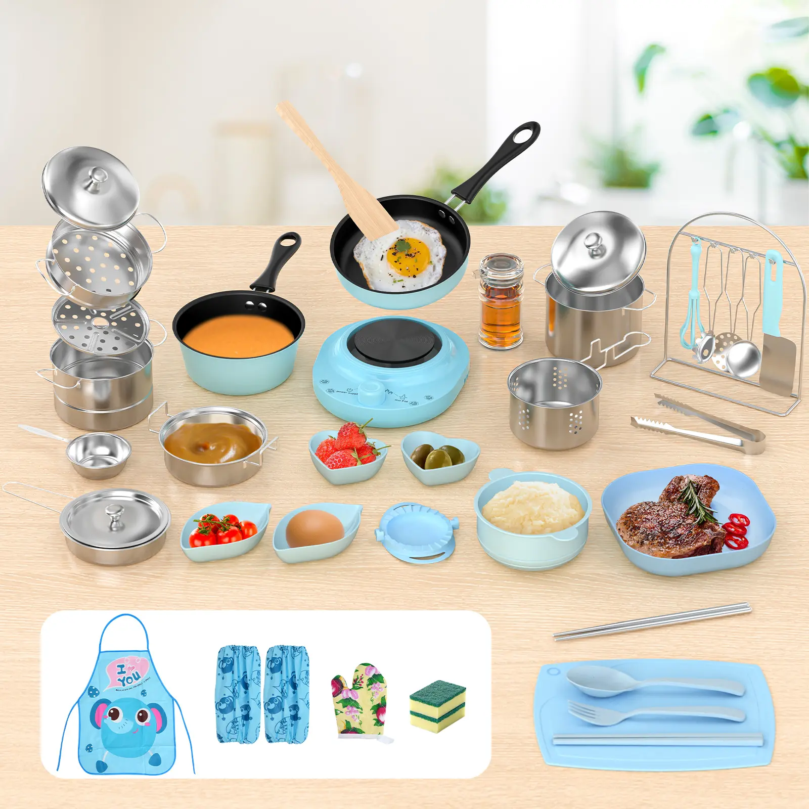 Kids Cooking Set Ages 8–12 (Pink/Blue) | Mini Kitchen Beginner Kit | Montessori Life Skills Pretend Play Toy w/ Safe Knife & Cooking Tools | Birthday & Holiday Gift