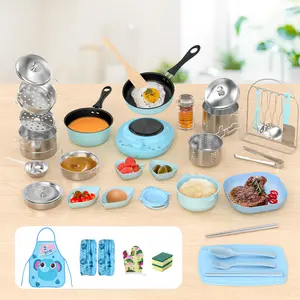Real Kids Cooking Set Ages 8–12 (Pink/Blue) – Mini Kitchen Beginner Cooking Kit, Montessori Life Skills Toy Gift w/ Safe Knife, Dishes & Tools