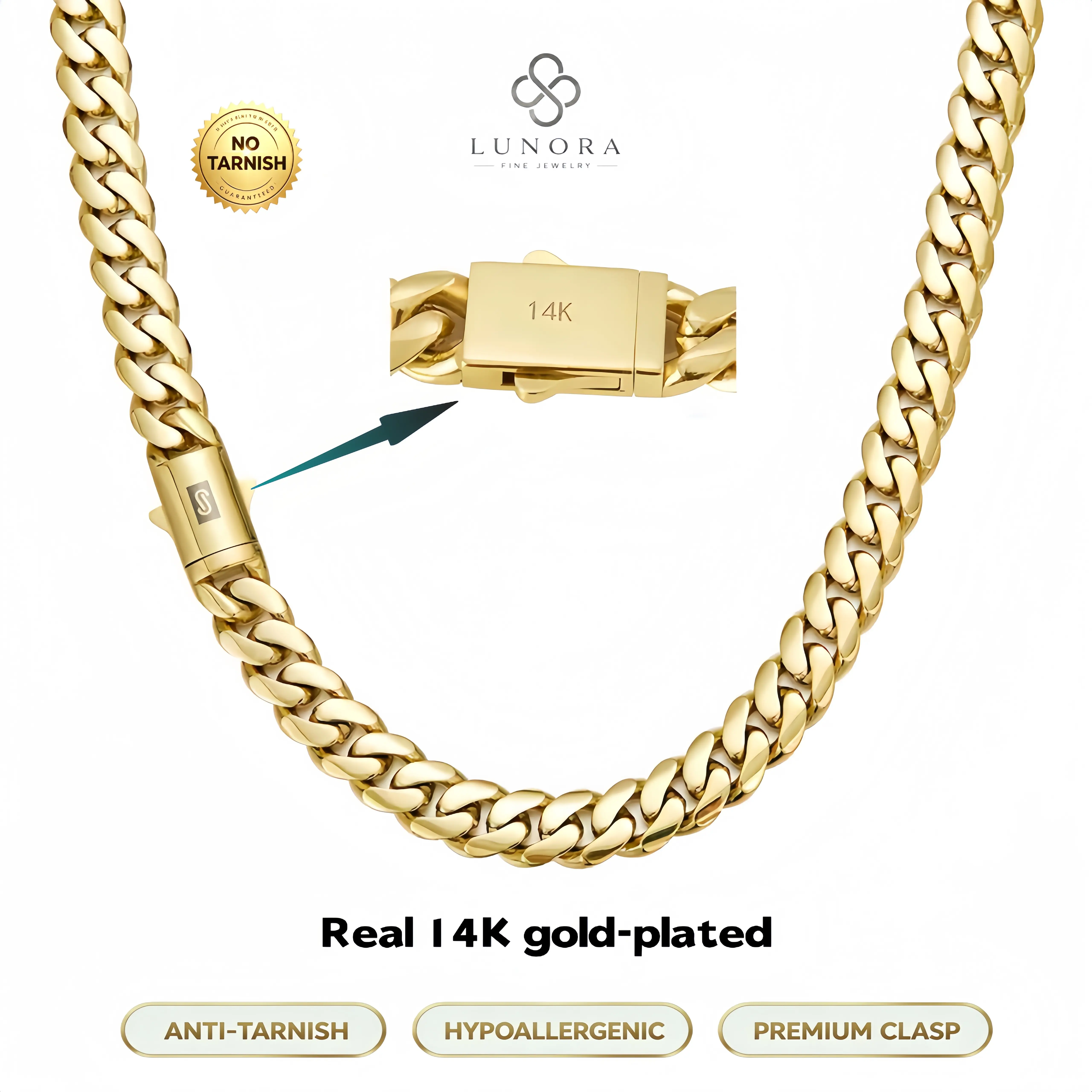 14K Real Gold-Plated Miami Cuban Link Necklace with Thickened Waterproof Stainless Steel Chain Anti-Friction & Colorfast Hip Hop Jewelry Chain Width: 6/8/10/12/14 mm Ideal for Casual & Formal Wear The Perfect Gift for Men & Women