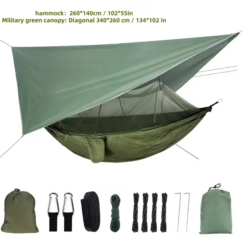 Portable All-in-one Camping Hammock Set with Sunshade Canopy, Mosquito Net And Tree Straps, Single-person/double-person Size, Nylon Material Green Outdoor Hammock System, Suitable for Backpacking, Hiking, Traveling, Garden, Camping