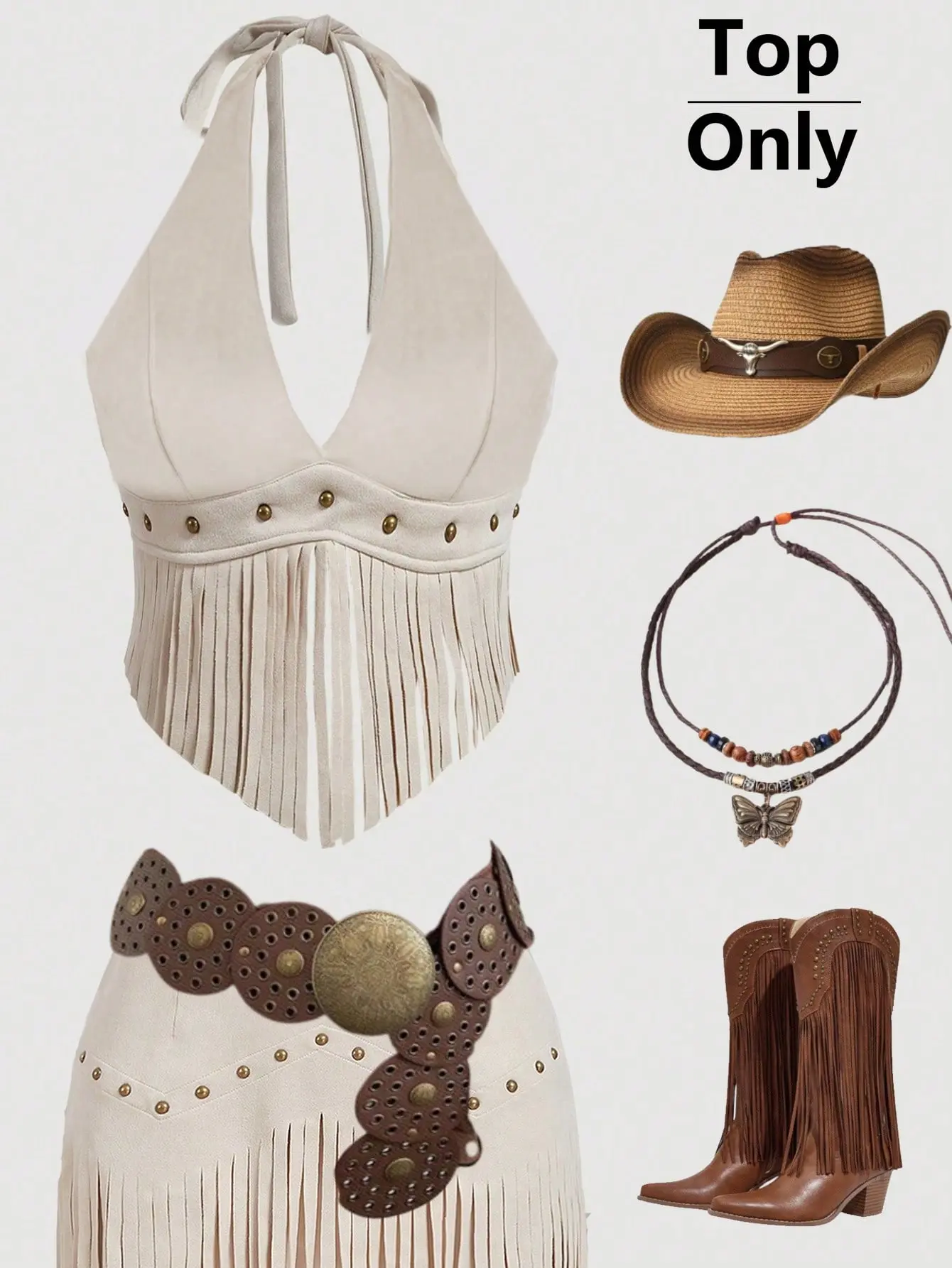 Women’s Cowgirl Halter Top Tassel Fringe Backless Boho Western Festival Y2K Summer Top, tassel crop top, country concert outfit, y2k western fashion, backless halter top, rodeo outfit women