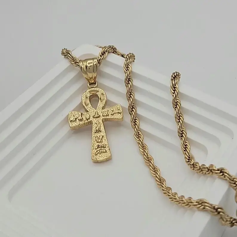 Gold Ankh Necklace for Men - Large Textured Ankh Cross Pendant, 14k Heavy Plated Gold, 4mm French Diamond Cut Chain, High Quality
