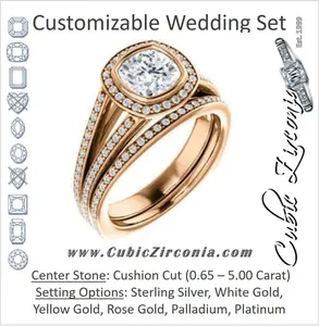 CZ Wedding Set, featuring The Maritza engagement ring (Customizable Bezel-Halo Cushion Cut Style with Pavé Split Band & Euro Shank)