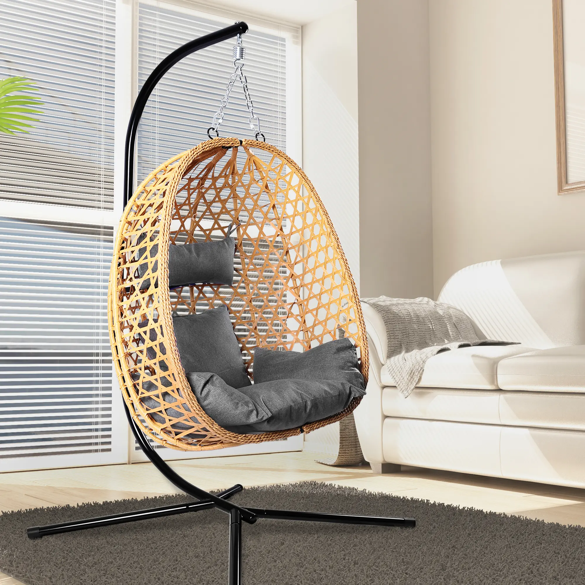 Premium Egg Patio Swing Chair, All-Weather Wicker, 350LB Capacity & Included Cushion,Summervibes