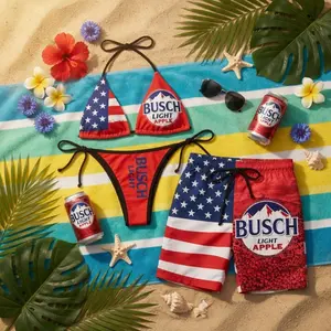 Busch Light Apple Matching Swimsuit Set, Patriotic Couple Bikini, USA Flag Swim Trunks, Summer Beachwear