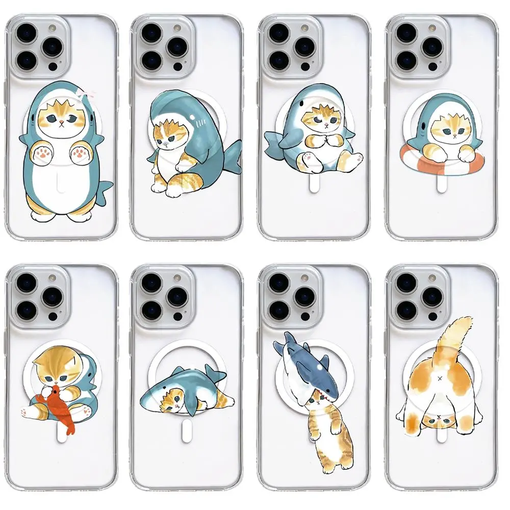 Cute Shark Cat Vibe Magnetic Kawaii Kitten Phone Case Phone Case for iPhone 17 Pro Max Air 16 Pro 15 14 Plus 13 12 11 and Samsung S26-S23 Plus Ultra Shockproof Clear MagSafe Protective Cover