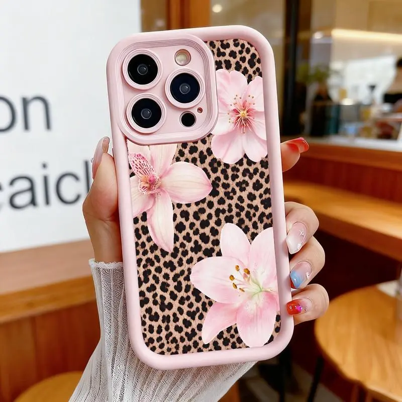 Wild leopard print pink lily pattern phone case. Compatible with iPhone 17 Pro Max/16 Pro Max/15 Plus/14/13/12/11, TPU soft case. Compatible with Galaxy S26 Ultra/S25 Plus/S24/S23, Dopamine color. Compatible with Galaxy A54/A53/A33/A15.