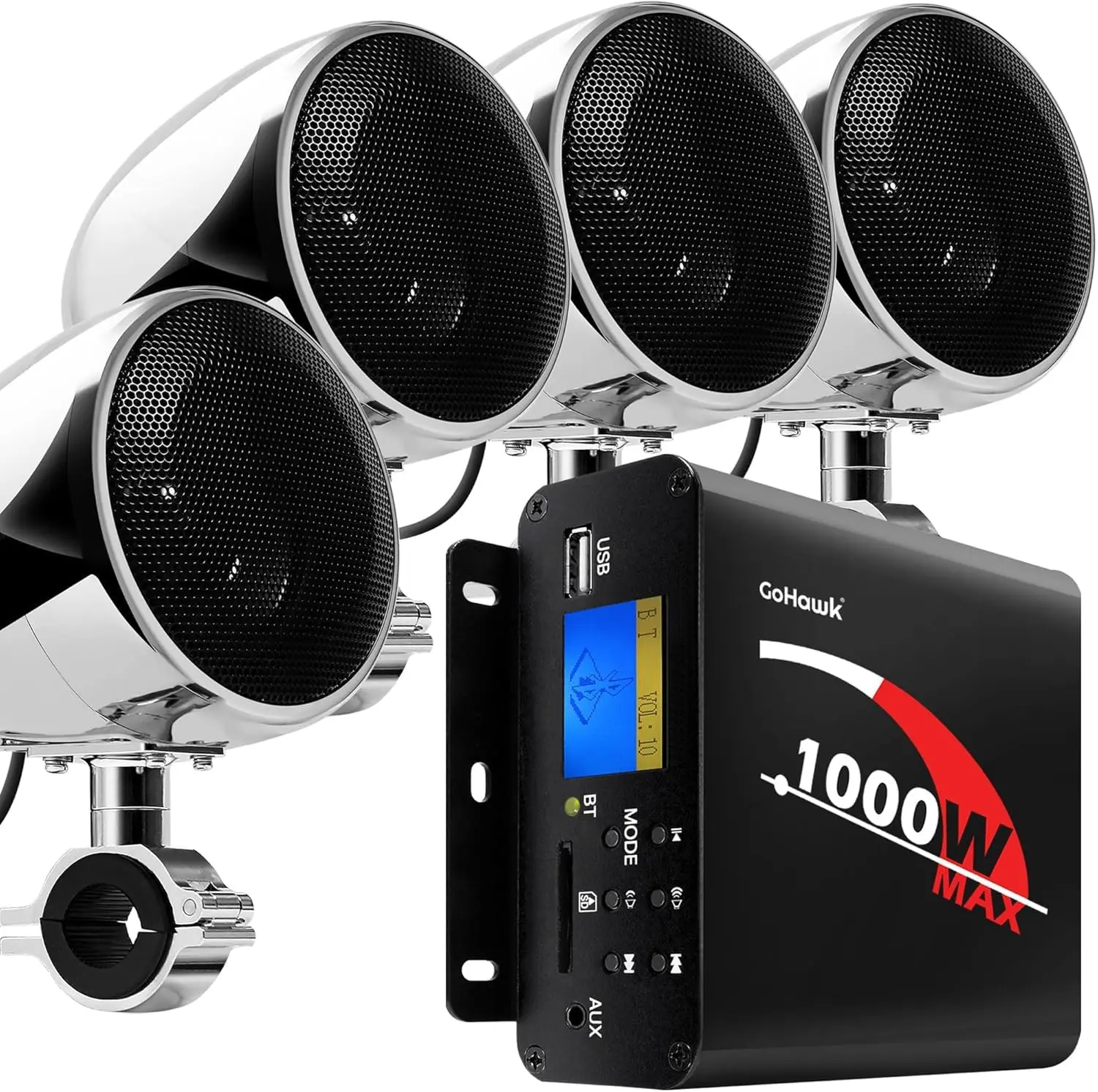 GoHawk Motorcycle Speakers and Amplifier Audio Sound System, 1000W Bluetooth Weatherproof 4 Inch Radio Audio System AUX USB SD FM Radio, Volume Control, ATV UTV Compatible
