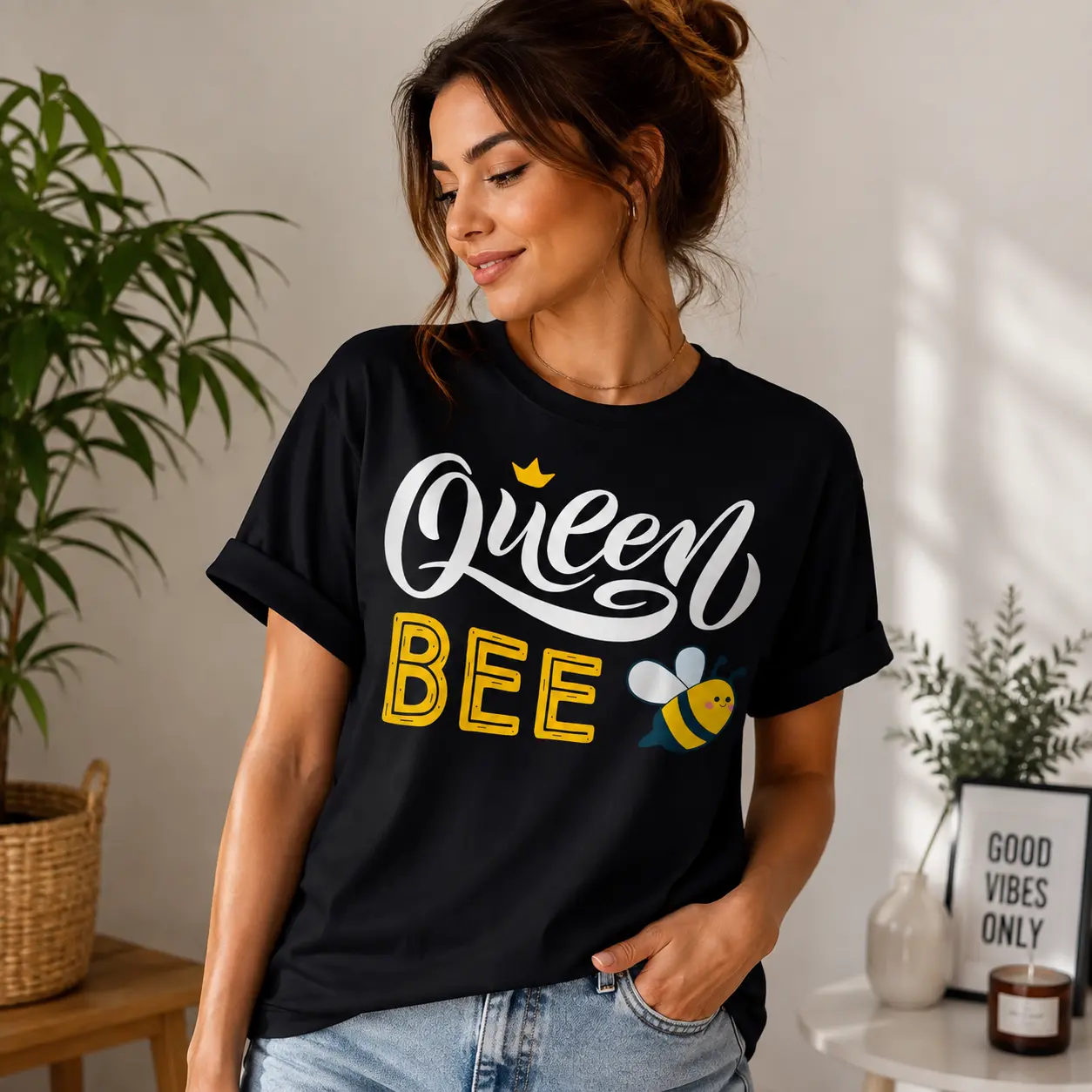 Queen Bee Cute Bees Graphic T-Shirt, Beekeeper Gift for Honey Lovers, Nature Insect Casual Tee, Unisex Cotton Short Sleeve Shirt Crewneck Basic