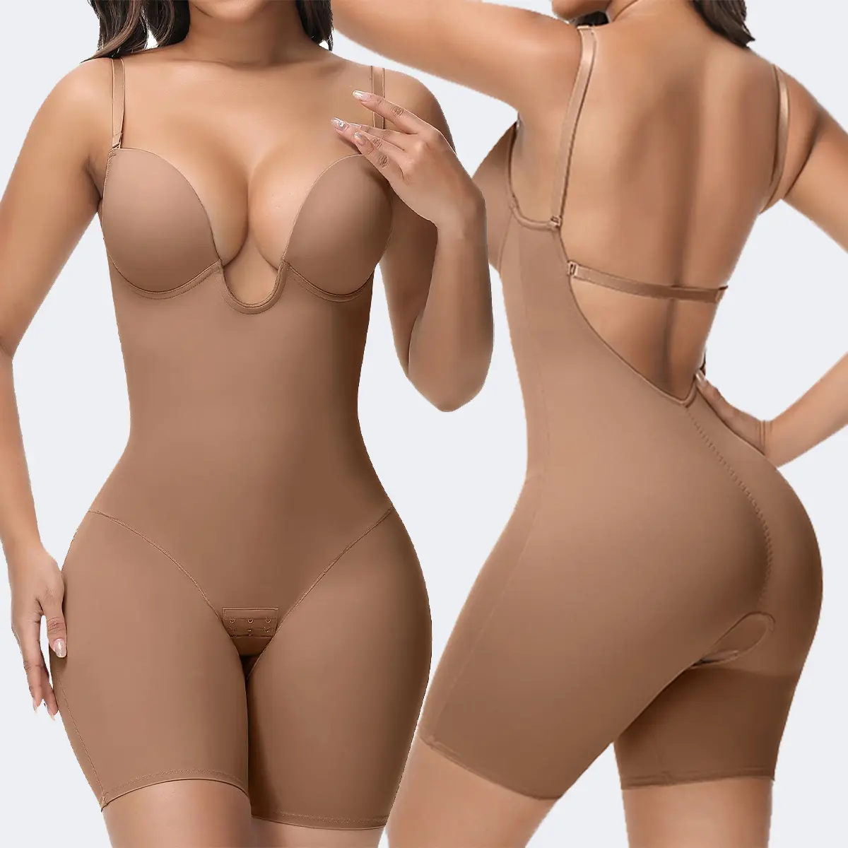 SHAPSHE Women's Minimalist Backless Plunge Seamless Faja Body Shaper Bodysuit - Built-In Bra, Smooth Under Dresses, Ideal for Wedding, Party, Shapewear For Women, Basic