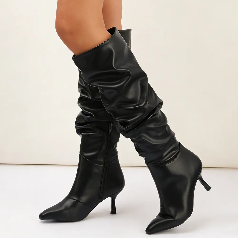 Women's Stylish Slouchy Knee High Shoes - Pointed Toe Stiletto Heel Footwear, Chic Fashion Boots (10 MIKKI)