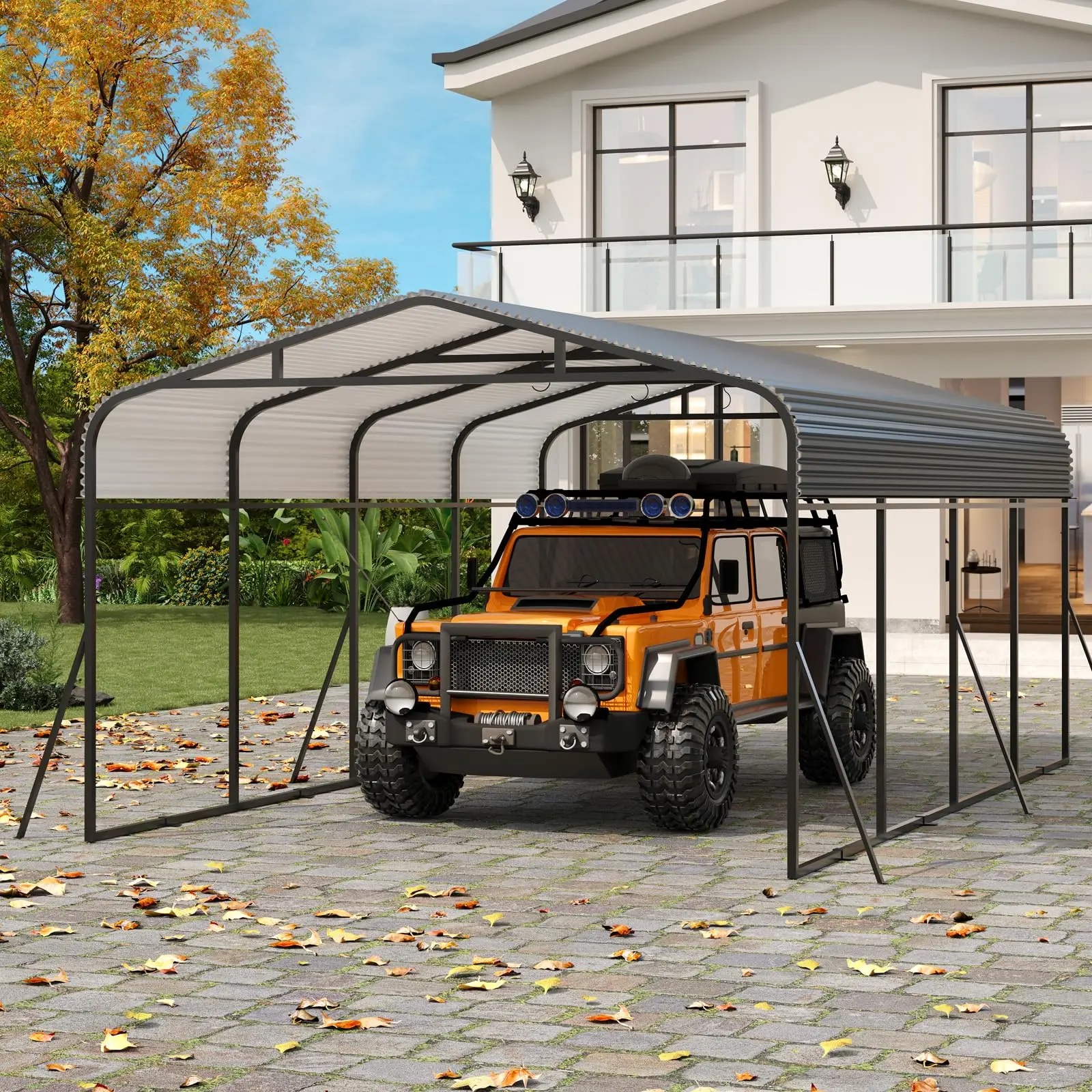Garvee Metal Carport, 12x20 FT Outdoor Vehicle Shelter with Galvanized Steel Roof, Reinforced Base, Anchor Rods & Support Rods, Heavy Duty Canopy for SUV, Truck
