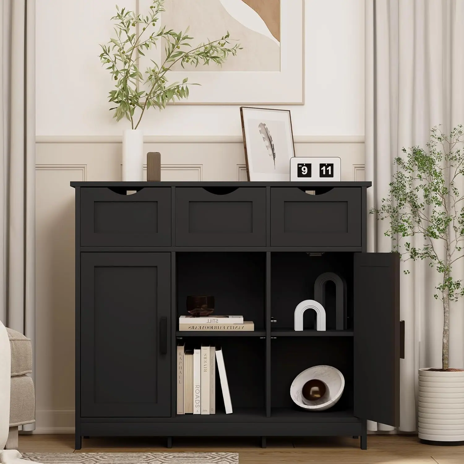 Floor Cabinet,Sideboard Buffet Cabinet,Kitchen Pantry Cabinets with Storage,Kitchen Storage Cabinets with Drawer,Wood Coffee Bar for Dining Room,Living Room,Entryway (Black)