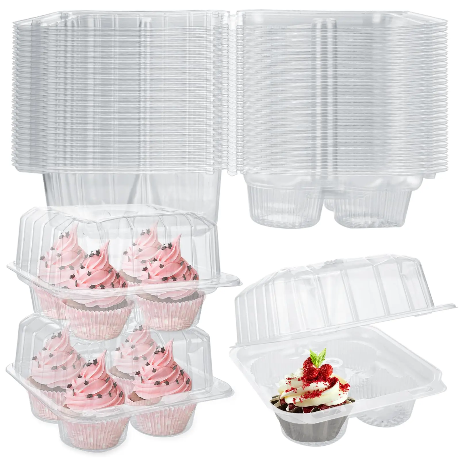 50 Cupcake Boxes 4 Count  Clear Plastic Container Stackable Deep Carrier Holder Box For Carrying Cupcakes