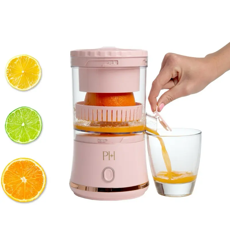 Paris Hilton Electric Citrus Juicer - Kitchen Appliances, Compact & Lightweight Mini Portable Cordless Juicer with USB Rechargeable Base, 1-Touch Button, Juice Dispenser for Lemon, Lime, Orange (Pink)