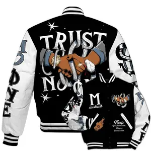 Trust No One Snake-Bite Street Style Black Chrome 6s Varsity Jacket Unisex Outfit, Stylish Unisex Streetwear Outerwear, Sneaker Match Gifts Idea for Her Him, Baseball Jacket Fan Shirt