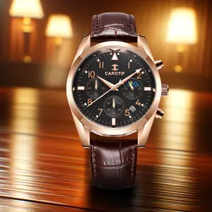 Men's Quartz Watch Rose Gold-Tone Bezel Black Three-Eye Dial Brown Leather Strap
