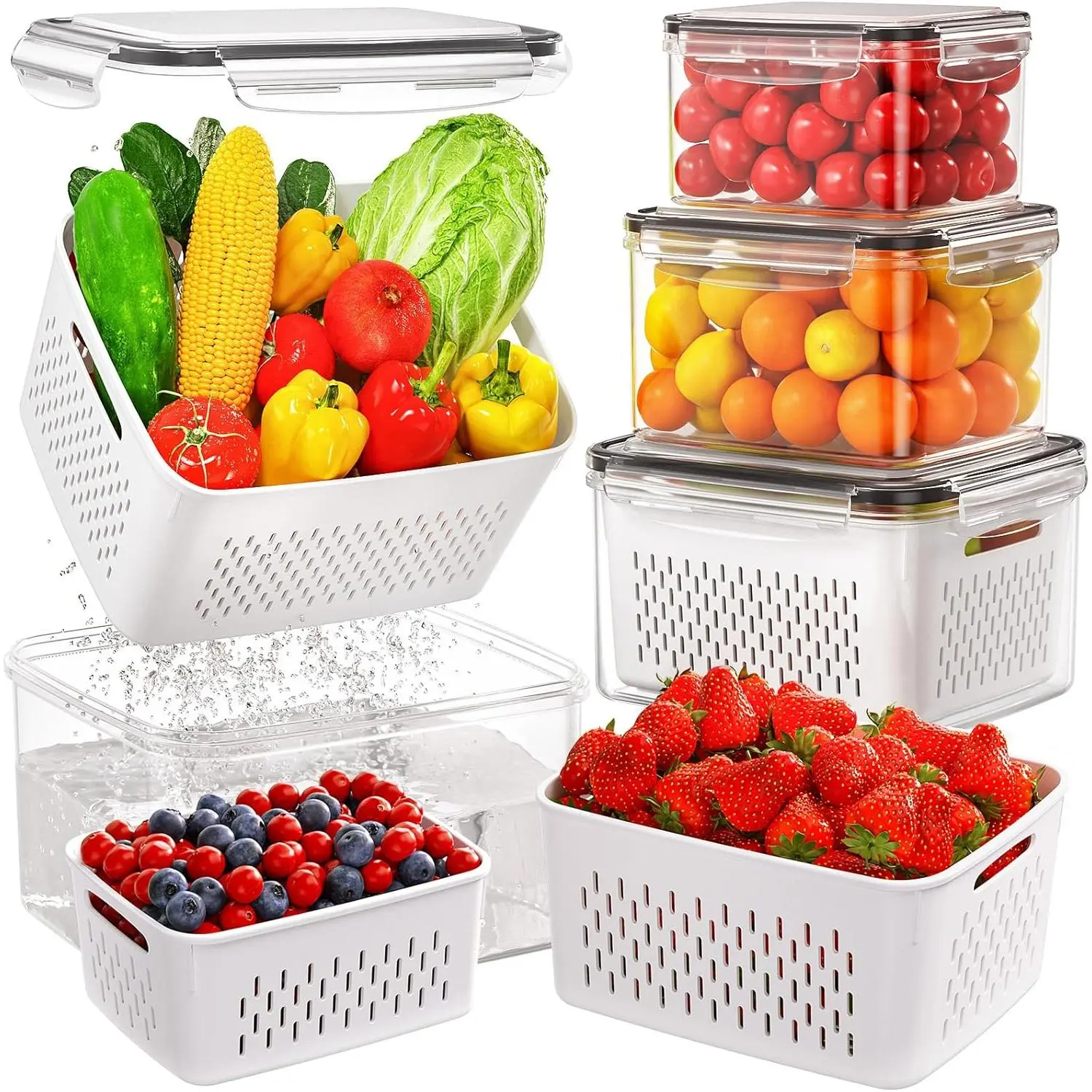 Refrigerator Organizer Bins (4/6-Pack) - 4-in-1 Produce Storage Containers with Colanders & Lids, Fruit Storage Solutions for Fresh Fruit, Salad, Lettuce, Meat