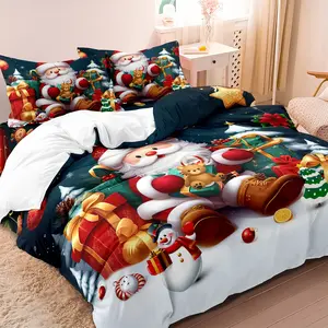 3pcs Christmas Theme Bedding Set - Santa & Snowman 3D Printed Duvet Cover And Pillowcases, Breathable Polyester, Machine Washable - Perfect For All Seasons, 1*Duvet Cover + 2*Pillowcase (No Comforter & Pillow)