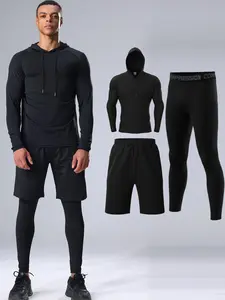Men's Solid Long Sleeve Hoodie & Letter Tape Leggings & Shorts Tracksuit Set, Casual Athleisure Breathable Comfortable Sports Clothing Set for Gym Workout Running, Men's Sportswear Set All Season Activewear, Workout Running Clothes, Workout Sets