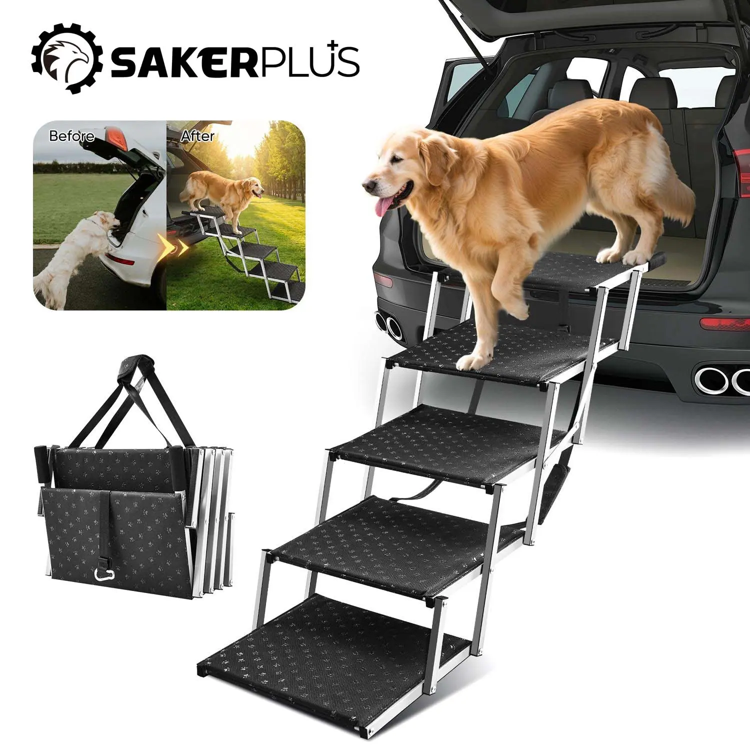 Sakerplus 5-Step Foldable Dog Stairs for Cars, Extra Wide 19'' with Non-Slip Surface, Portable Pet Steps for SUV/Truck/High Beds, Supports Up to 200 lbs