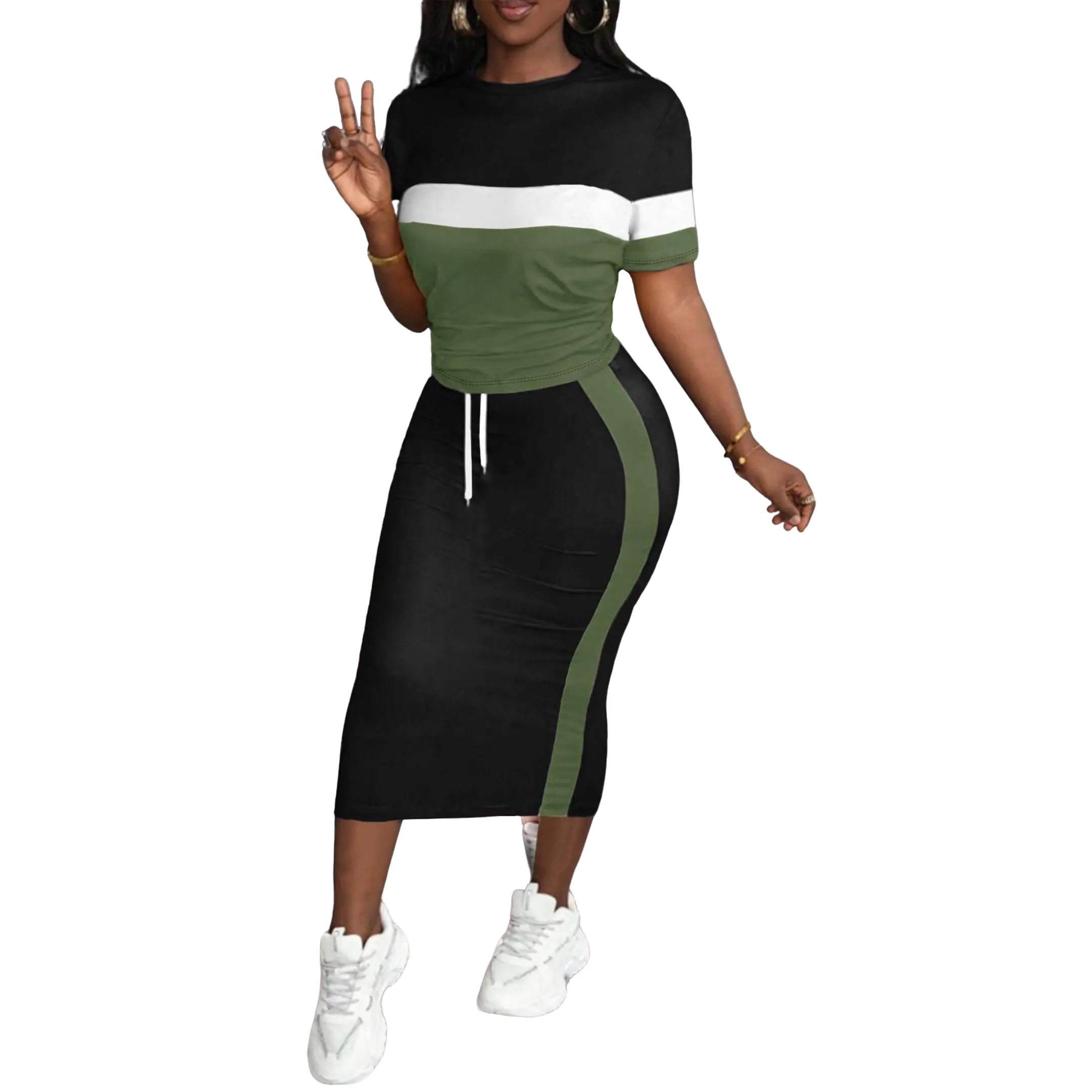 AUXDIO Women’s color-block two-piece set: short-sleeve T-shirt + high-waisted drawstring midi skirt. Summer slim-fit bodycon outfit for casual wear at home and outings; vacation fashion street-style trendy set.