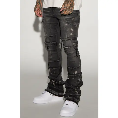 Side Snap Cargo Stacked Skinny Flare Jeans - Black Wash