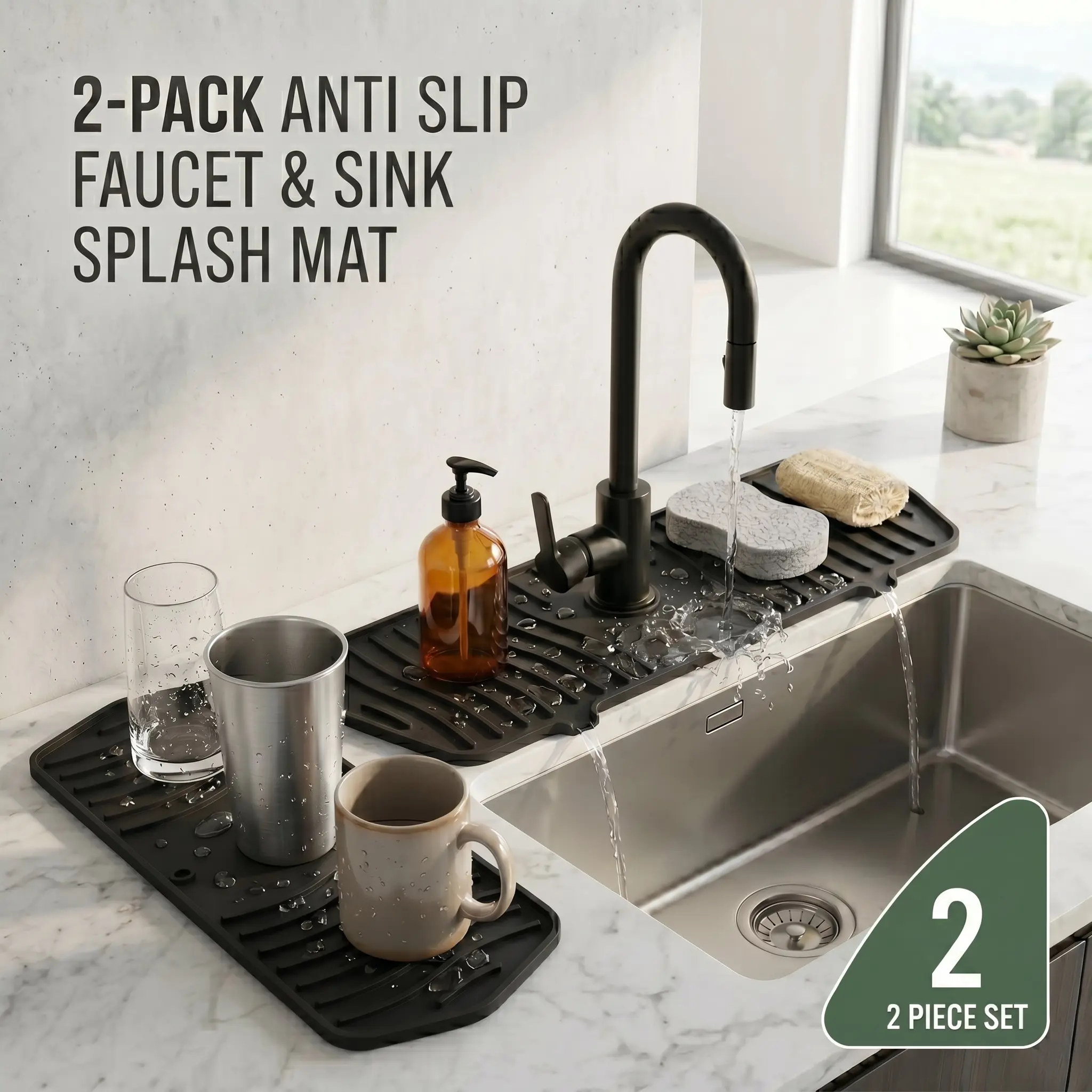 2-Pack Round Silicone Faucet Mat Sink Splash Guard - Anti-Slip, Dual Spouts, Wall-Mounted Compatible, Water Drip Catcher, Flexible Wave Pattern Drying Pad for Kitchen, Bathroom, RV Countertop Protection, Two Piece Set, Upgraded