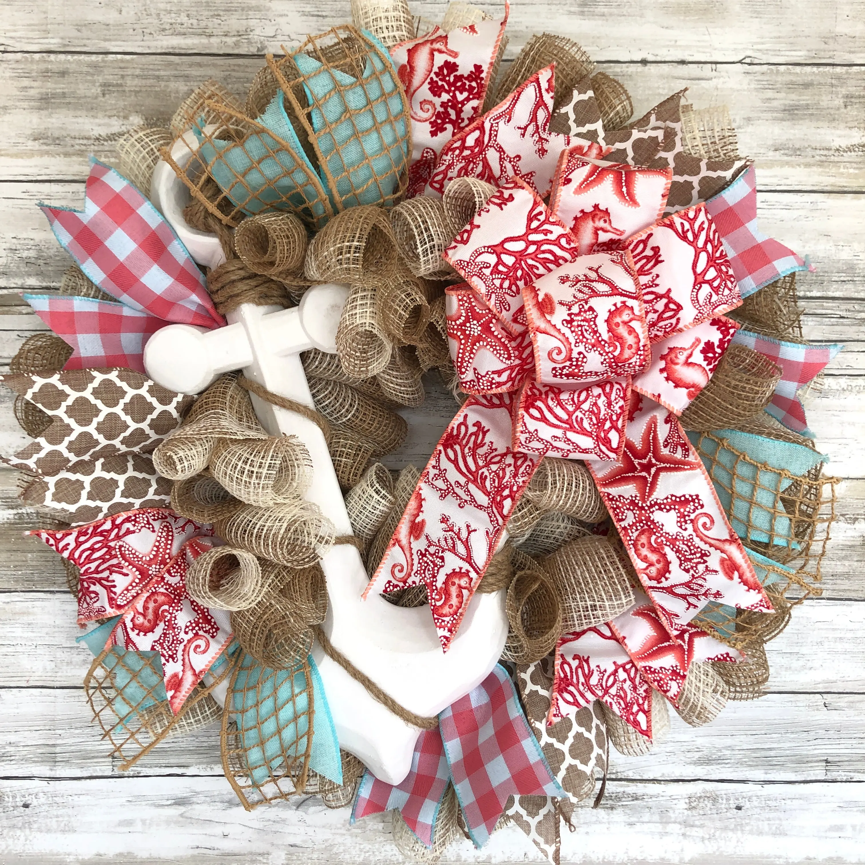 Handmade Nautical Door Wreath - White And Coral Coastal Anchor Wreath