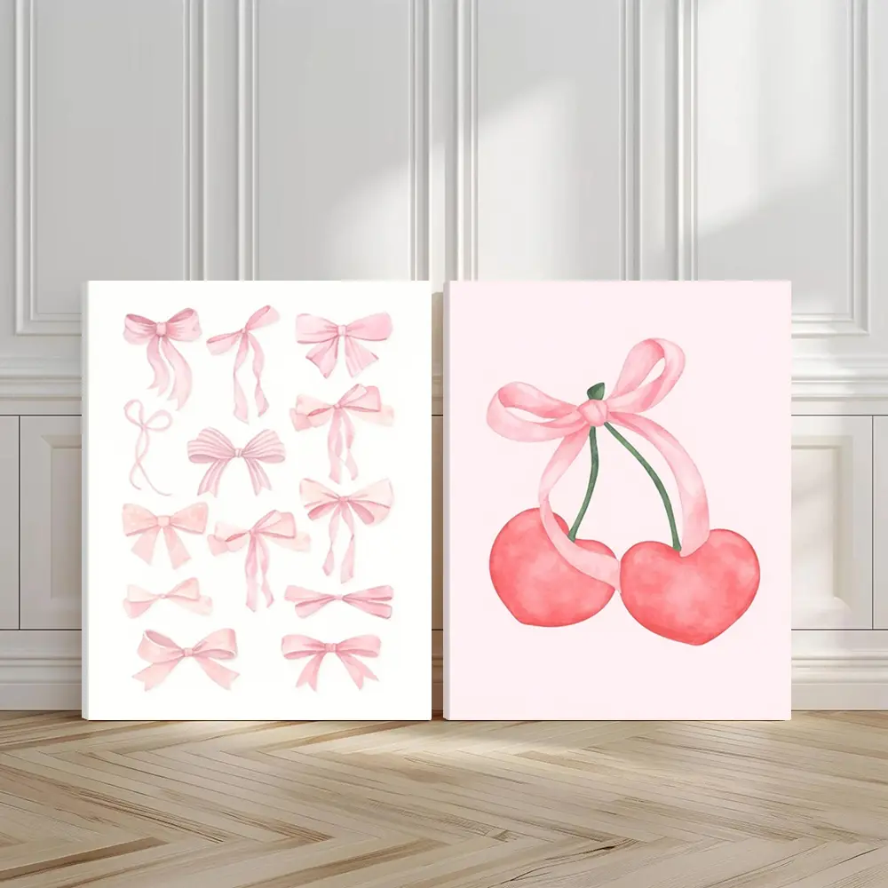 2pcs Romantic Cherry Wall Art, Valentine'S Day Poster, Elegant Pink Art Prints, Festive Gift Home Decor, Modern Wall Paintings, Minimalist Canvas Posters Wall Arts, Decor for Living Room, Restaurant, Housewarming Gift, With Frame, Decorative Artwork