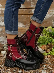 2026 Retro Vintage Wine Thick Sole Short Boots, Crocodile Texture Patchwork Chain Boots, Punk Style Height-Boosting Boots