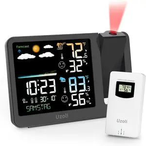 Projection Alarm Clock Station, WWVB Projector Clock with Sensor, Backlight, Indoor Temperature Humidity, Projection Clock for Bedroom Ceiling