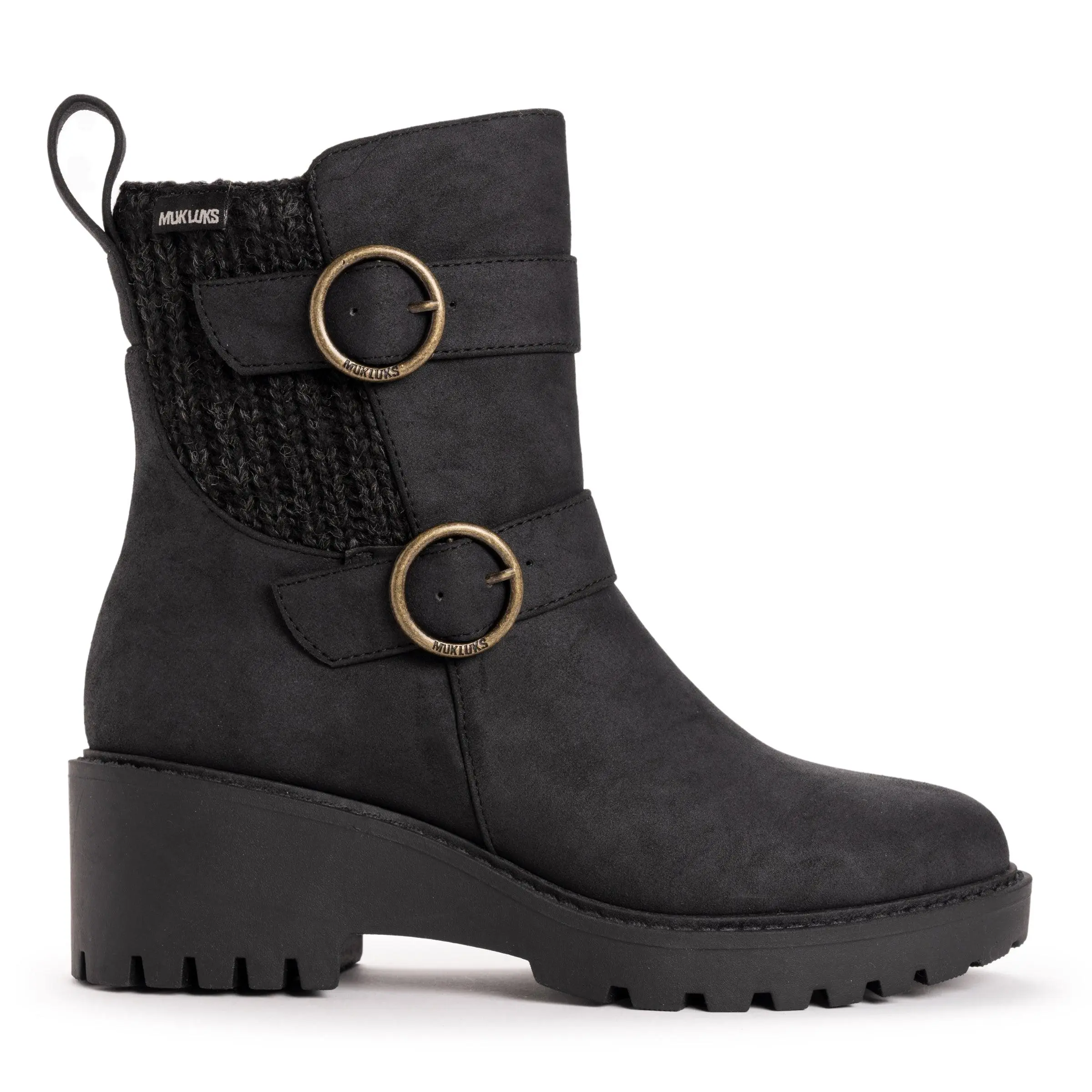 Muk Luks Women's Black Finley Faith Modern Chunky Block Heel Boot - Memory Foam Walking Shoe, Lug Sole, Zip Closure, Sweater-Inspired Casual Winter Statement Footwear, Walking Shoes, Statement Shoes