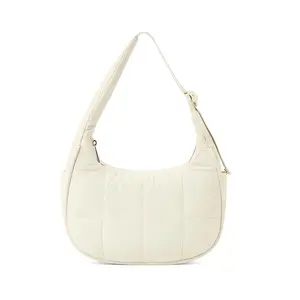 Women's Quilted Nylon Cloud Puffer Crescent Shoulder Bag Cream Color with Adjustable Strap for Travel Dating and Everyday Use Versatile Functional Crossbody Purse Half Moon Purse